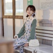 白綠碎花拼接 秋冬加厚假兩件洋裝外套 新中式中秋春節改良旗袍