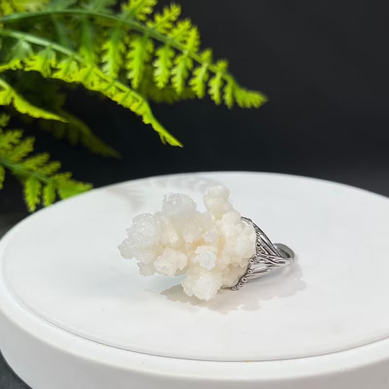 白水晶活口戒指 星光閃片隨形晶簇原石礦物標本手工指環 S925銀