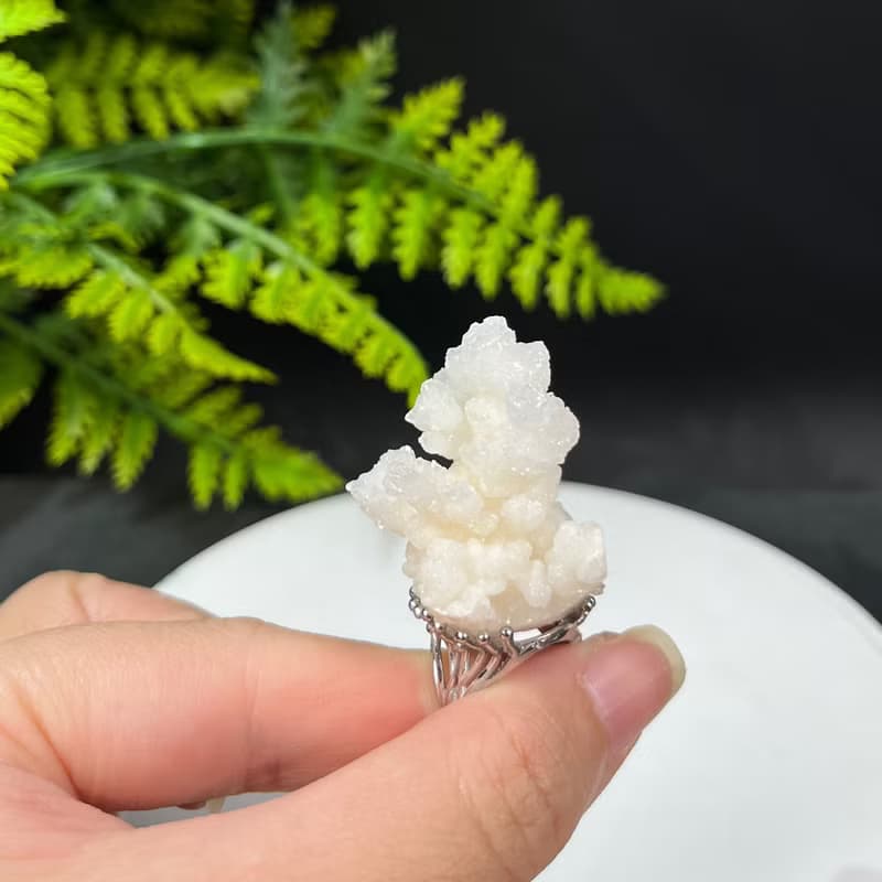 白水晶活口戒指 星光閃片隨形晶簇原石礦物標本手工指環 S925銀