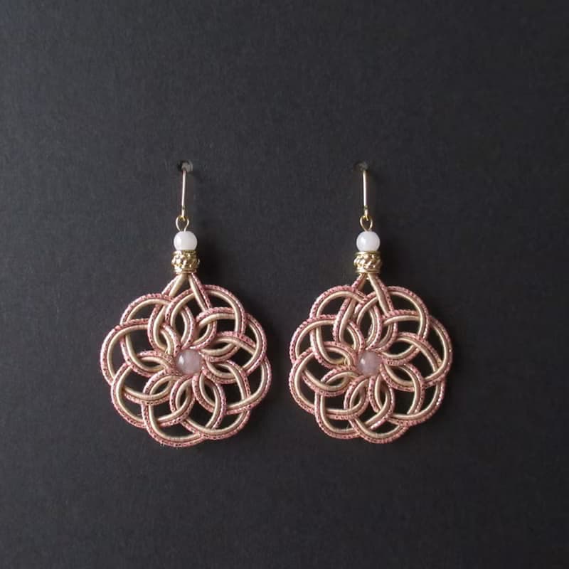 玫瑰石英與白翡翠 手作水引耳環 曼荼羅結