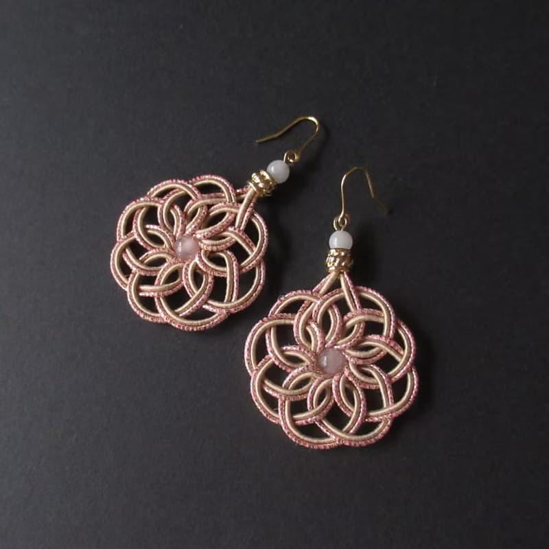 玫瑰石英與白翡翠 手作水引耳環 曼荼羅結