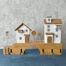 Wood Key Holder with Houses and Bridge 5 Hooks for Entryway Kitchen Office