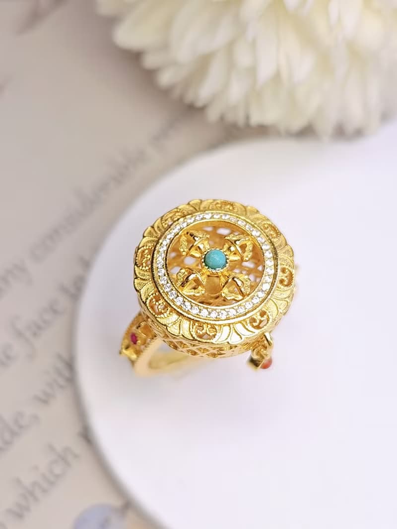 能量金剛杵六字真言|轉經輪|純銀古法老工藝綠松石精緻可旋轉戒指