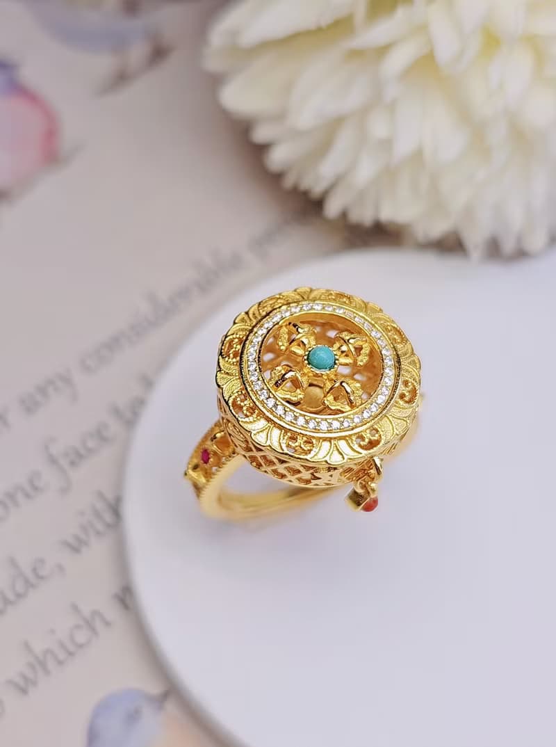能量金剛杵六字真言|轉經輪|純銀古法老工藝綠松石精緻可旋轉戒指
