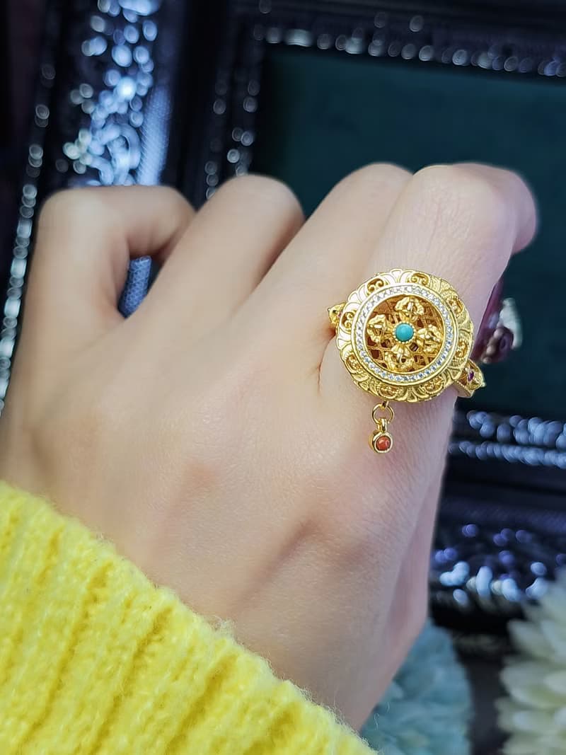 能量金剛杵六字真言|轉經輪|純銀古法老工藝綠松石精緻可旋轉戒指