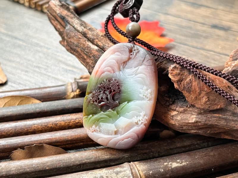 【一物一圖】天然鹽源瑪瑙 雕刻 山水牌 手編繩 項鍊