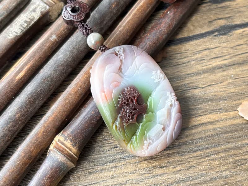 【一物一圖】天然鹽源瑪瑙 雕刻 山水牌 手編繩 項鍊