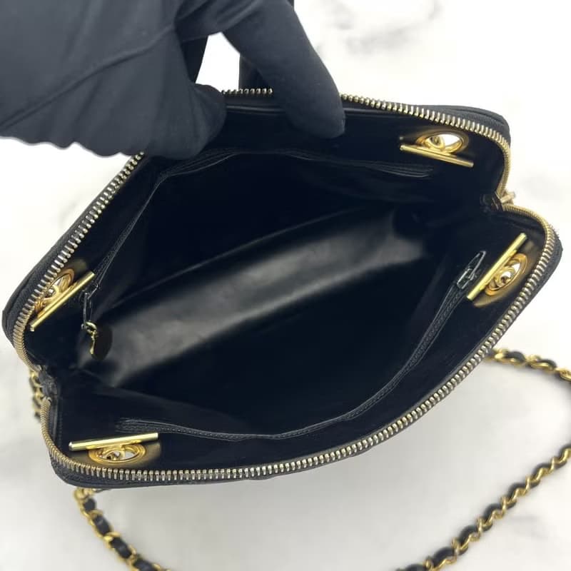 稀有中古二手Chanel黑色貝殼小羊皮革金色鏈條托特包單肩側背手袋