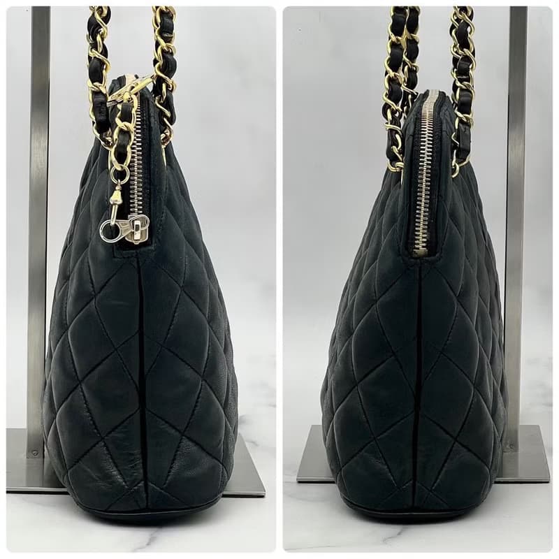 稀有中古二手Chanel黑色貝殼小羊皮革金色鏈條托特包單肩側背手袋