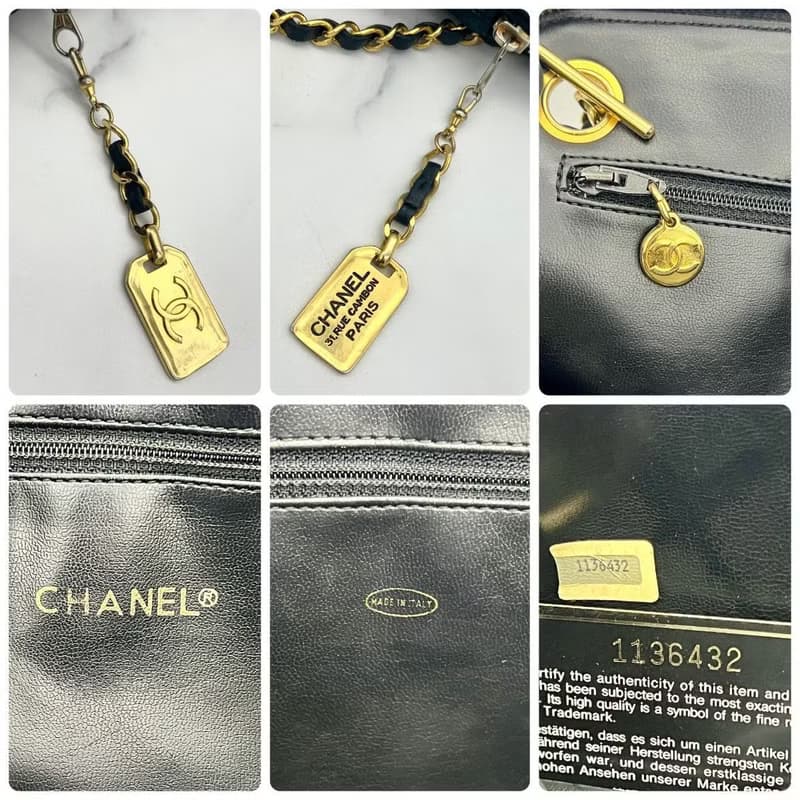 稀有中古二手Chanel黑色貝殼小羊皮革金色鏈條托特包單肩側背手袋