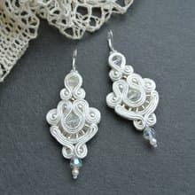 婚禮耳環 新娘耳環白色 Wedding Earrings White bridal long beaded embroidered soutache