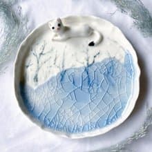 【手作盤子禮盒】手捏盤-雪貂與冰湖(大)|免費禮盒和卡片代寫