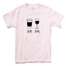 COFFEE AM WINE PM 短袖T恤 淺粉色 咖啡 酒 禮物 設計 插畫
