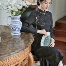 黑色 夜未央 暗紋提花秋冬旗袍禮服 復古改良新中式國風晚宴洋裝