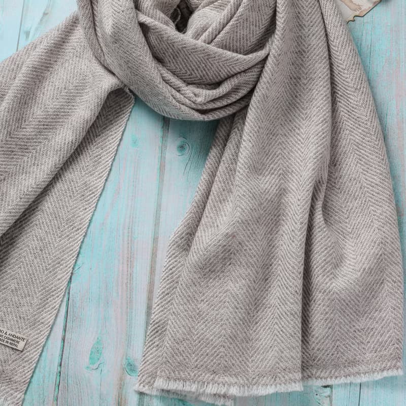 【厚款】喀什米爾羊毛圍巾/披肩  原色無染灰褐斜紋 手工機織