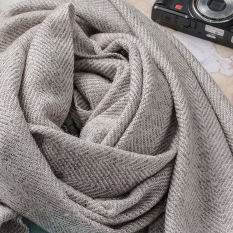 【厚款】喀什米爾羊毛圍巾/披肩  原色無染灰褐斜紋 手工機織