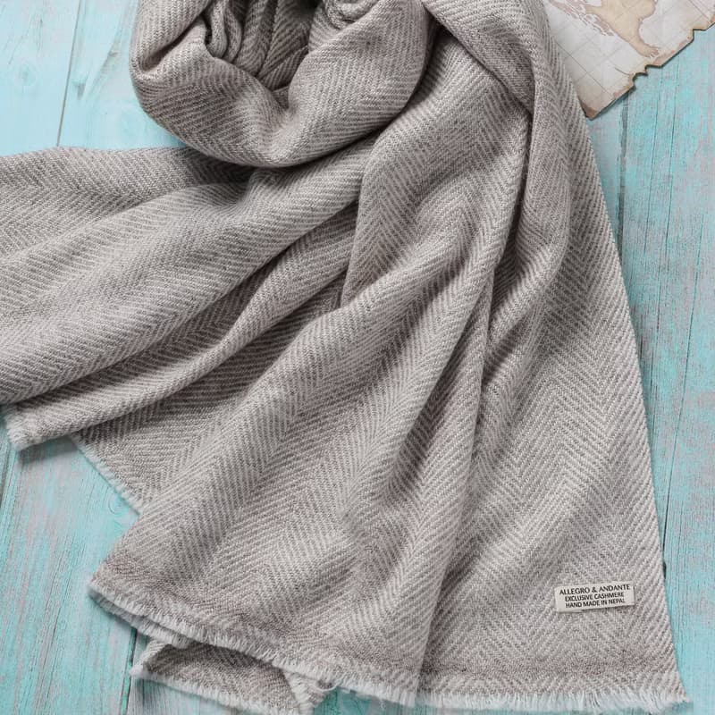 【厚款】喀什米爾羊毛圍巾/披肩  原色無染灰褐斜紋 手工機織
