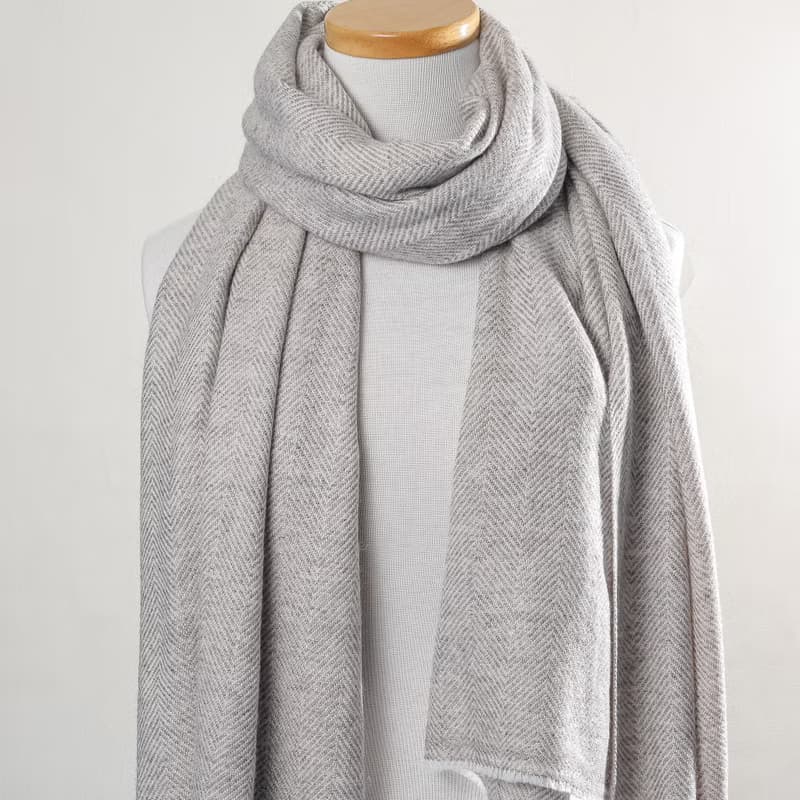 【厚款】喀什米爾羊毛圍巾/披肩  原色無染灰褐斜紋 手工機織