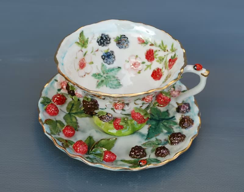 Berries cup and saucer set Raspberry decor Porcelain tea set Made to order