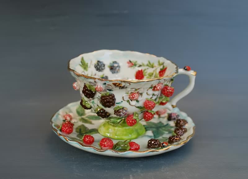 Berries cup and saucer set Raspberry decor Porcelain tea set Made to order