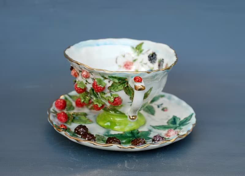 Berries cup and saucer set Raspberry decor Porcelain tea set Made to order