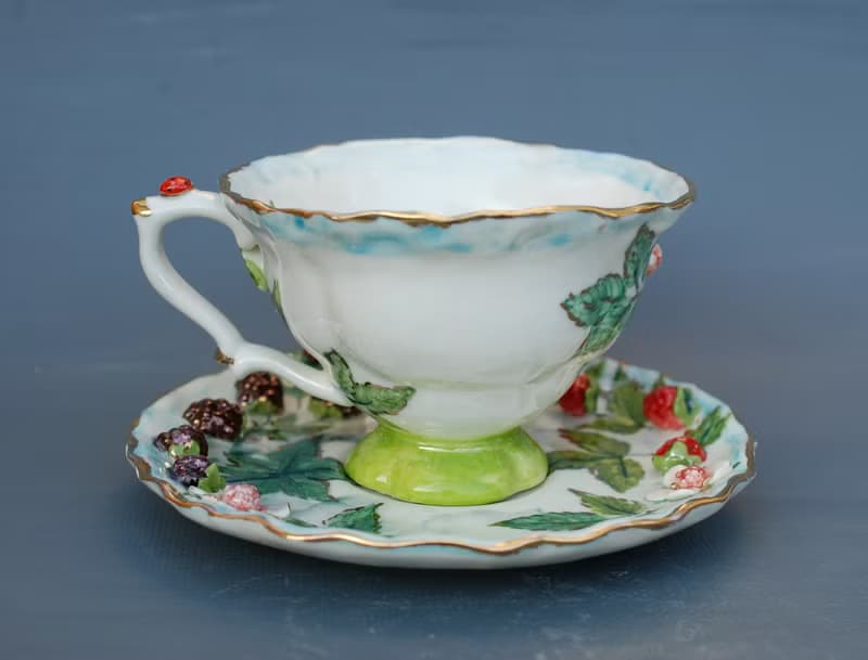 Berries cup and saucer set Raspberry decor Porcelain tea set Made to order