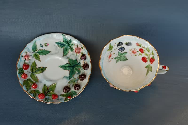 Berries cup and saucer set Raspberry decor Porcelain tea set Made to order
