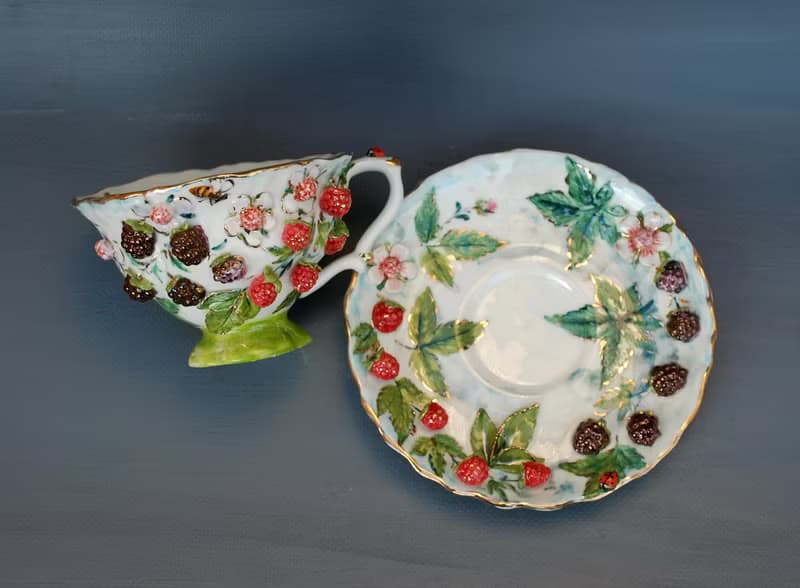 Berries cup and saucer set Raspberry decor Porcelain tea set Made to order