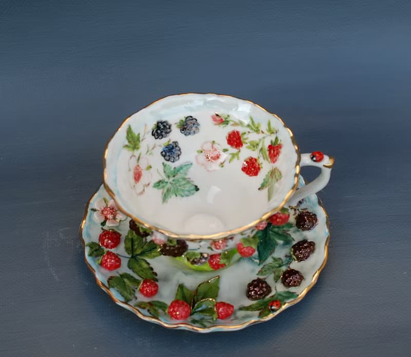 Berries cup and saucer set Raspberry decor Porcelain tea set Made to order