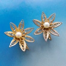 Vintage Jewelry 西洋古董飾品 立體 掐絲珍珠花 夾式耳環