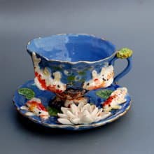 Koi Fish Cup and saucer Beautiful handmade porcelain tea set Blue mug