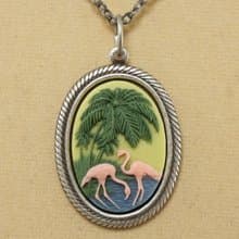Pink Flamingo Cameo Necklace Tropical Beach Green Palm Pendant Necklace Jewelry