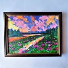 Pond with Pink Lotuses Painting Framed Landscape Sunset Artwork Wall Decoration