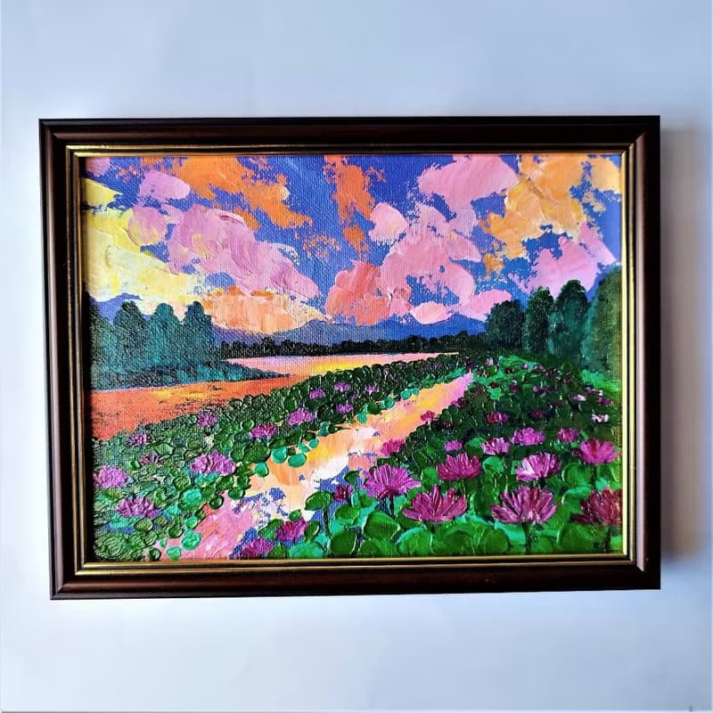 Pond with Pink Lotuses Painting Framed Landscape Sunset Artwork Wall Decoration