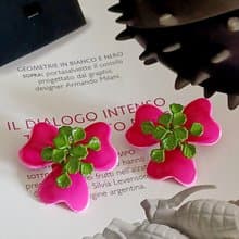 vintage jewelry  豔麗立體粉色琺瑯花卉 夾式耳環
