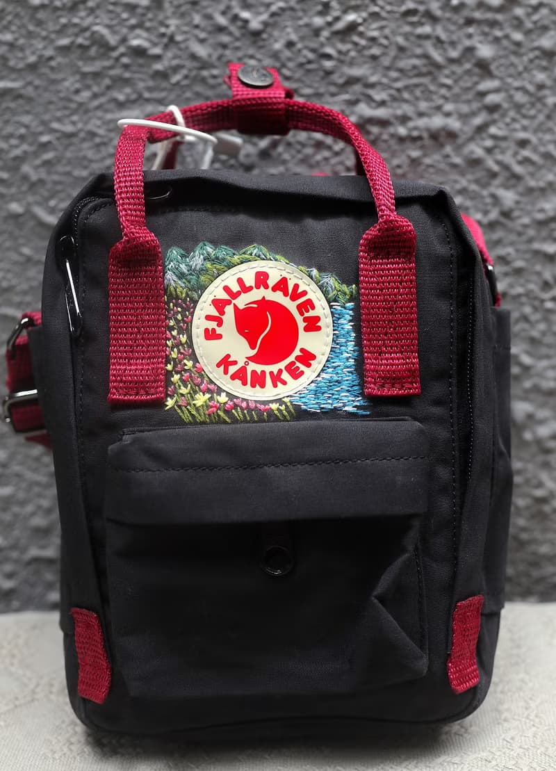 台東山脈和海灘風景-Kanken Sling黑色紅帶單肩背包-手工刺繡設計