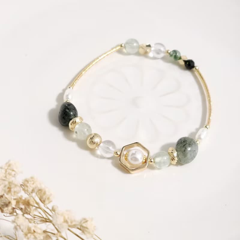 木精靈之髮 | 珍珠 六月誕生石 綠髮晶 增加財運 天然水晶手鍊