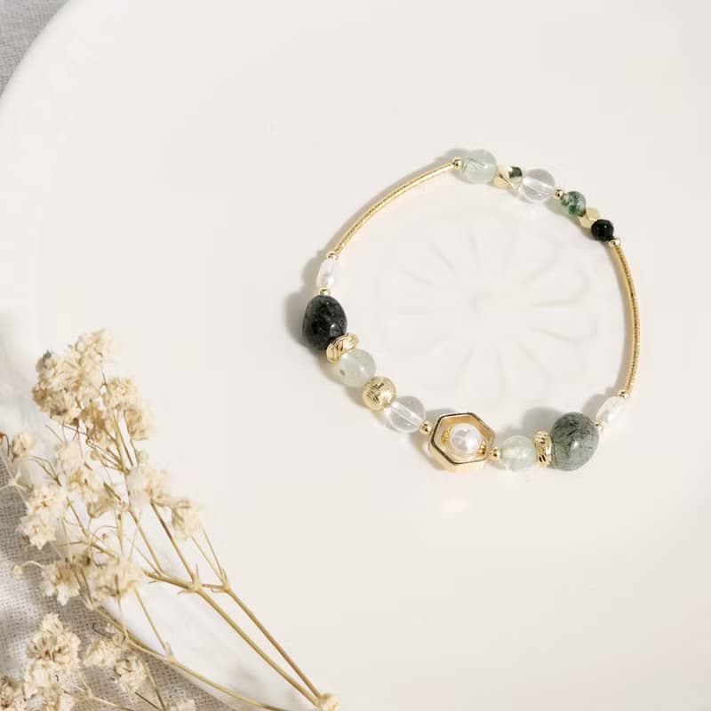 木精靈之髮 | 珍珠 六月誕生石 綠髮晶 增加財運 天然水晶手鍊