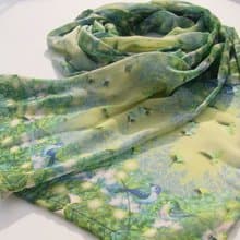 ２週間【Prairie party】小鳥たちと綿毛の春　アートシフォンストール　スカーフ　緑　葉っぱ　ナチュラルコーデ　リボン