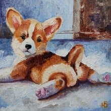Corgi Puppy Original Oil Painting Funny Dog Pet Portrait Art Gift 手工油畫 油畫原作