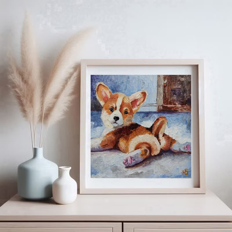 Corgi Puppy Original Oil Painting Funny Dog Pet Portrait Art Gift 手工油畫 油畫原作