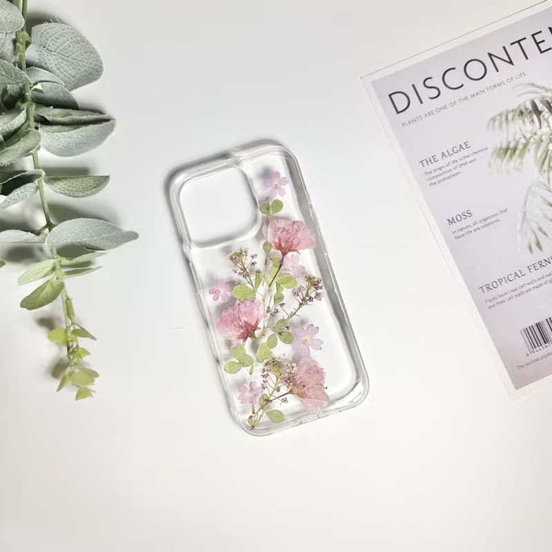天然粉紅櫻花手工押花手機殼 適用於iPhone 16 Pro Samsung S25