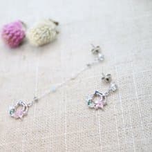 Mismatched Pink Flower Crystals Long Chain Titanium Post Earrings