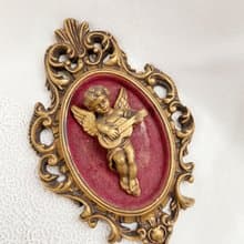 【好日戀物】德國vintage金色教堂小天使古董裝飾立體畫壁掛畫