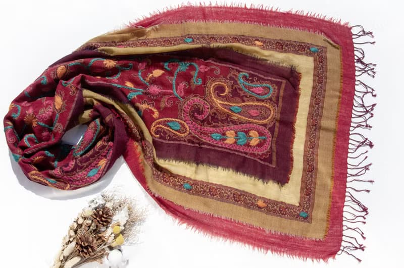 喀什米爾Cashmere/水煮羊毛披肩/針織圍巾/刺繡圍巾/羊絨披巾-花