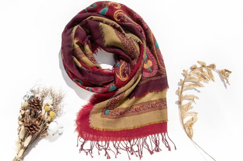 喀什米爾Cashmere/水煮羊毛披肩/針織圍巾/刺繡圍巾/羊絨披巾-花
