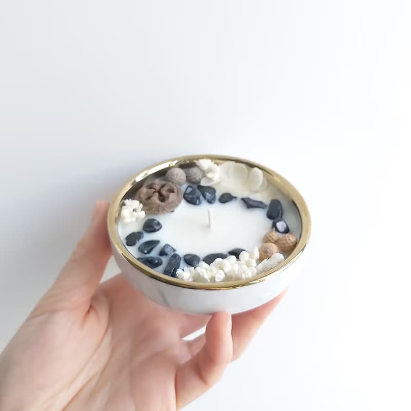 黑碧璽 白色繡球花 大理石碗  50g 250g 天然大豆蠟香氛蠟燭 晶石