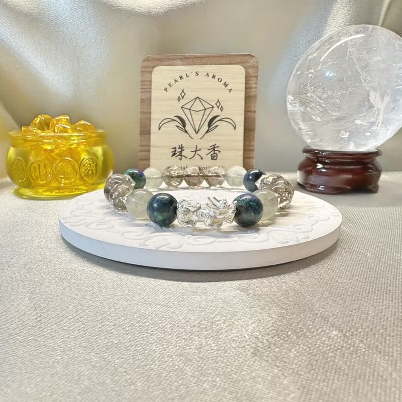 蒼穹鎮財 純銀貔貅 茶阿賽 藍銅礦 綠髮晶手鍊