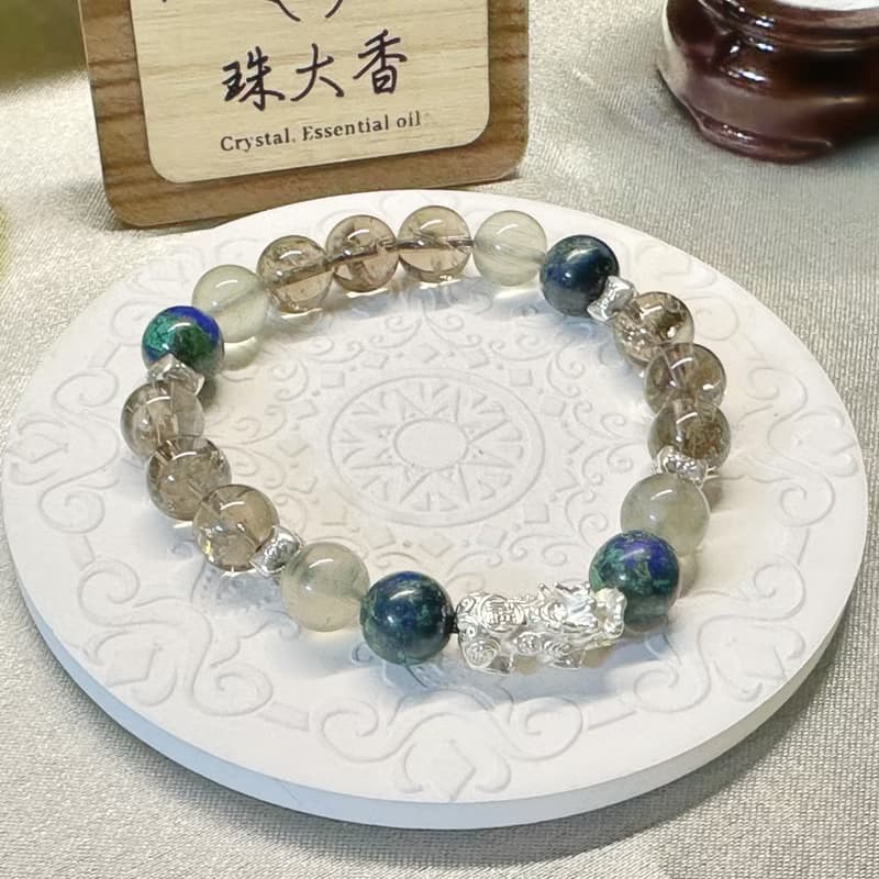 蒼穹鎮財 純銀貔貅 茶阿賽 藍銅礦 綠髮晶手鍊
