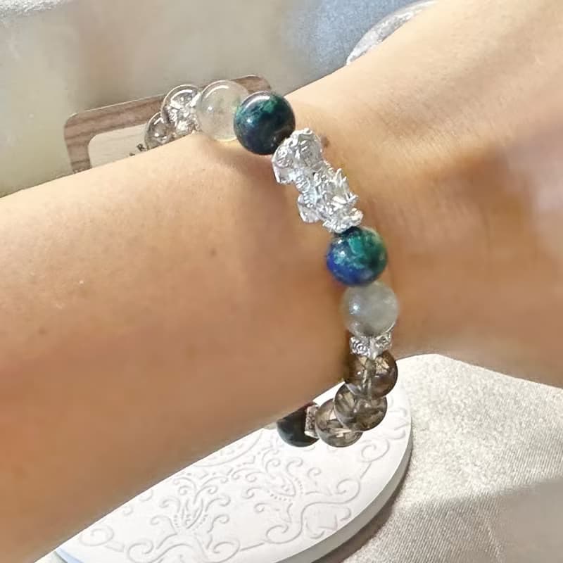 蒼穹鎮財 純銀貔貅 茶阿賽 藍銅礦 綠髮晶手鍊